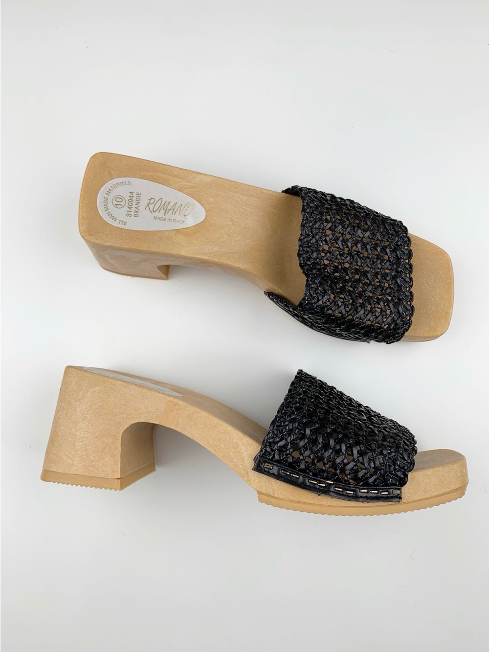Romano Sandals Chunky Platform Faux Wood Woven Black Slip On Italy Women's 10